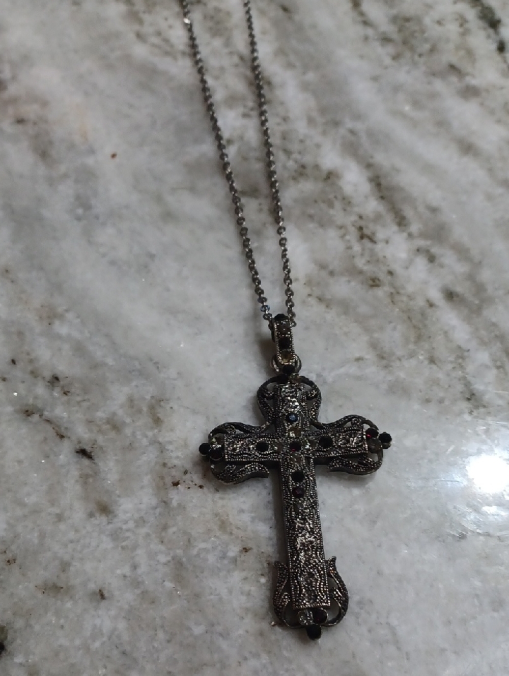 Ornate Silver-Tone Cross Pendant Necklace with Dark Red Accents